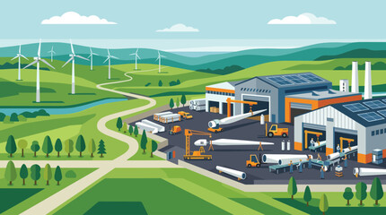 Illustration of a wind turbine factory with workers assembling blades and a wind farm on green hills, symbolizing renewable energy and sustainability.