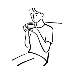 Dibujo sencillo con líneas de una mujer con ropa informal sentada sujetando una taza de café con ambas manos  © teracreonte