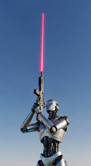 futuristic robot holding a laser rifle aiming upwards with a vibrant red beam against a clear blue sky