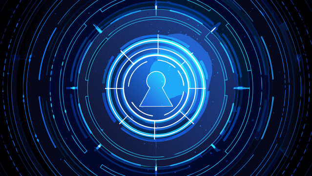 Digital security concept with a glowing padlock and circular data streams
