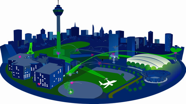 Stylized cityscape featuring the CN Tower and modern architectural elements