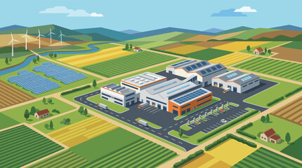 Obraz premium An isometric illustration of a modern, eco-friendly factory using solar panels and wind turbines for renewable energy, set in a peaceful rural landscape with fields and hills.