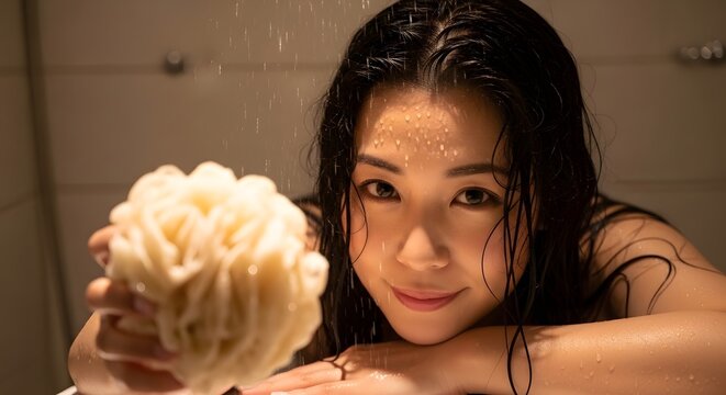 Woman enjoying a relaxing moment in a shower with water and sponge