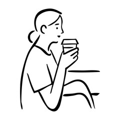 Dibujo sencillo con líneas de una mujer sentada con ropa informal sujetando un vaso de papel con café con la mano  © teracreonte