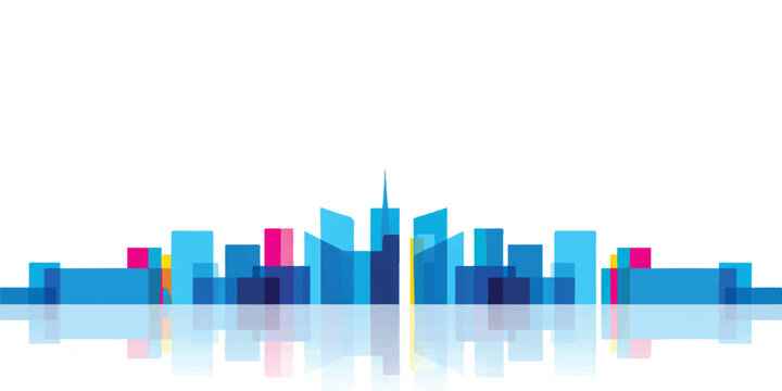 A 3d vector illustration of a business bar chart and finance graph with an arrow rising over a blue city skyline silhouette and urban architecture skyscraper buildings