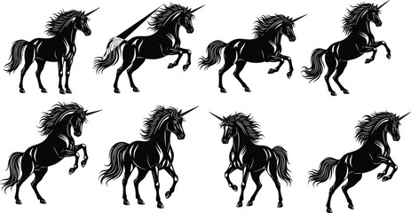 Collection of unicorn silhouettes in dynamic poses including standing, rearing, prancing, and dramatic fantasy design with flowing mane and horn © Mukta
