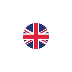 Fototapeta premium A circular illustration of the United Kingdom flag, featuring a red cross on a blue background with white borders, set against a plain white background.