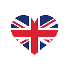 Obraz premium A heart-shaped graphic featuring the United Kingdom flag on a plain white background, symbolizing love for the kingdom.