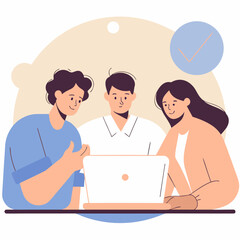 Fototapeta premium A diverse team of three professionals collaborating together on a creative project using a laptop