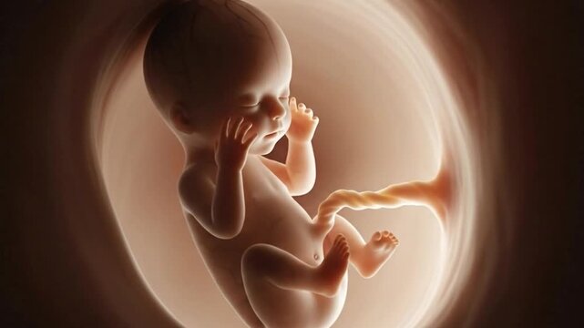 A captivating portrayal of a developing human fetus nestled peacefully within the protective confines of the womb, symbolizing the profound journey of early life and growth