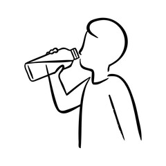 Dibujo sencillo con líneas de un chico joven bebiendo de una botella de plástico  © teracreonte