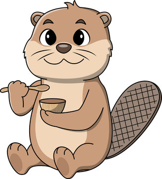 Cute cartoon beaver sitting and smiling while holding a small wooden bowl and spoon, suggesting eating or tasting food. Friendly woodland character illustrated