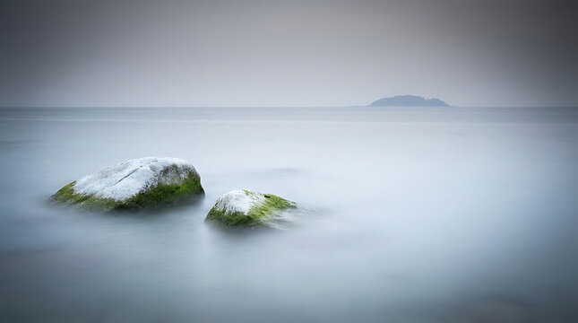 Moss-covered rocks in slow-motion ocean waves