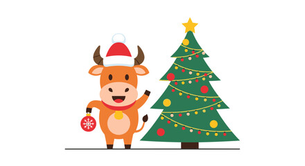 Fototapeta premium Friendly cartoon bull wearing a festive Santa hat waves a greeting next to a brightly decorated Christmas tree with a gold star.