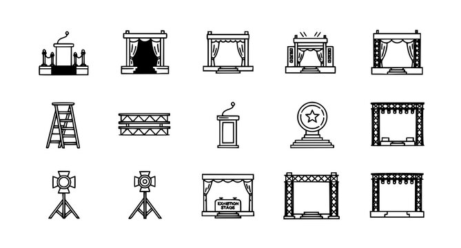 A collection of black and white vector icons depicting various theatrical stage elements and equipment