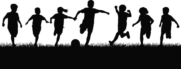 Dynamic silhouette of children running and playing soccer on grassy field, energetic black and white illustration symbolizing childhood, activity, and fun © Mukta