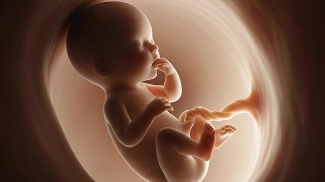 A human fetus developing inside the uterus, showcasing the umbilical cord and a serene, glowing environment