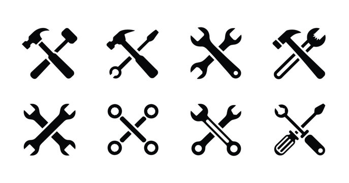 Wrench icon collection, showcasing crossed wrenches and spanner symbols for construction, repair, maintenance, and industrial design graphics in vector format.