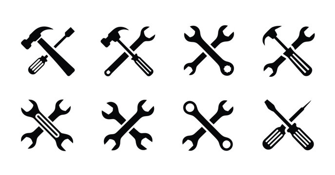 Wrench symbols vector set, featuring crossed wrenches, spanner icons, and repair tools for mechanical, automotive, and DIY vector illustration projects.