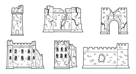 Detailed Line Art of Ruined Castle Structures for Fantasy Gaming. © Dede