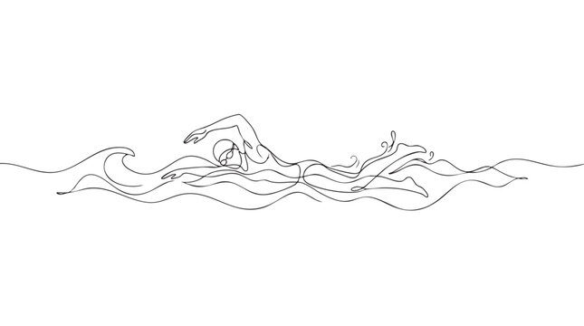A minimalist single-line drawing captures a swimmer in motion, with abstract waves suggesting movement and water.