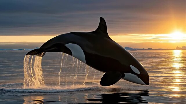 Orca whale jumping out water sunset.
