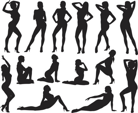 Silhouette woman poses collection, fashion model high heels, stylish female body positions, standing sitting reclining, artistic design reference illustration