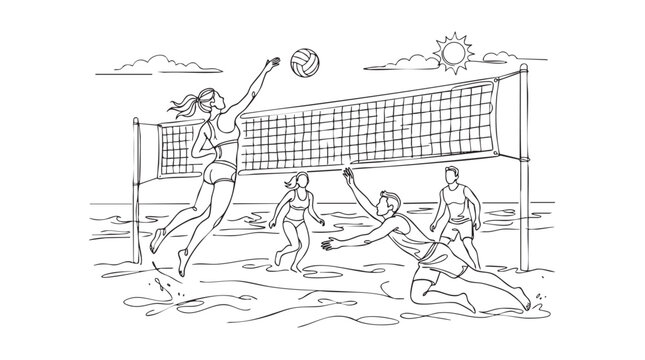 Dynamic one-line illustration of a beach volleyball game with players jumping and diving for the ball under a sunny sky, conveying action and summer fun.