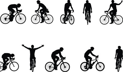 Silhouette cyclists riding bicycles, diverse cycling postures, racing stance, upright riders, hand gestures, walking figure, sports illustration, outdoor design, shadow art © MdAriful
