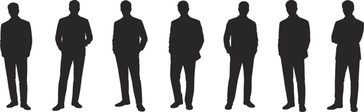 Silhouette men standing in suits, formal attire, business group posture, corporate identity, professional illustration, shadow figures, artistic design background