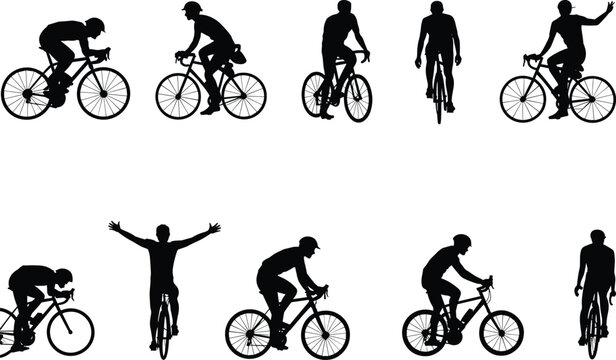 Silhouette cyclists riding bicycles, diverse cycling postures, racing stance, upright riders, hand gestures, walking figure, sports illustration, outdoor design, shadow art