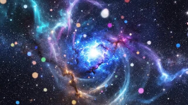 Vibrant swirling galaxy filled with colorful nebulae and distant stars, illustrating the vastness of the cosmos and celestial wonders