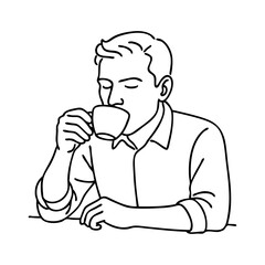 Dibujo sencillo con líneas de un hombre con camisa de manga corta sujetando una taza de café con la mano, sentado y apoyado en una mesa  © teracreonte