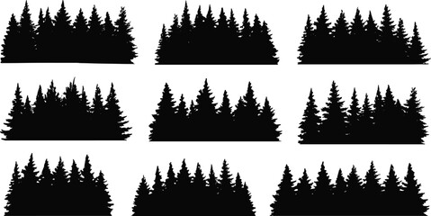 Silhouette coniferous trees forest clusters, pine fir spruce outlines, nature landscape illustration, black tree shapes, environmental design, artistic woodland background © MdAriful
