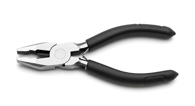 Combination pliers with black grips are isolated on white.