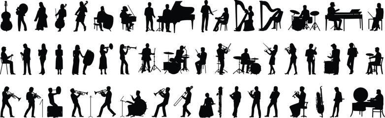 Silhouette musicians playing instruments, orchestra ensemble, band performance, diverse musical poses, violin cello trumpet drums piano saxophone artistic illustration design © MdAriful