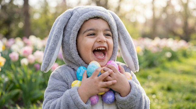 Easter child close-up in gray bunny costume laughing with colorful eggs for spring holiday marketing designs and covers