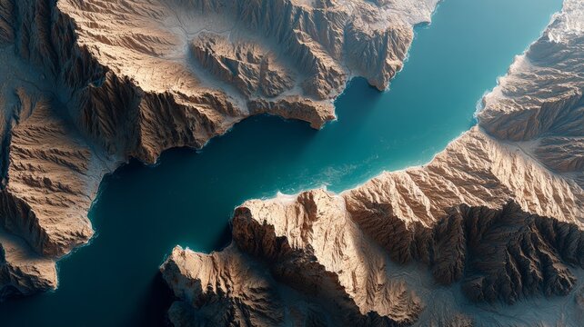 Strategic waterway at the crossroads of international marine routes. Bright colors. In-depth geopolitical map of hormuz strait featuring rich topographical details. Strong contrast.