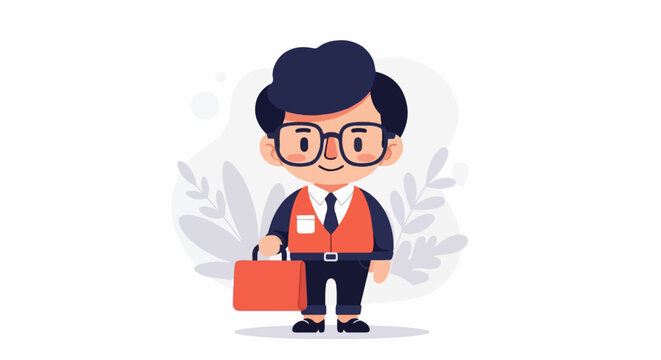 Cheerful cartoon character with a briefcase and glasses, dressed in business attire, with floral background