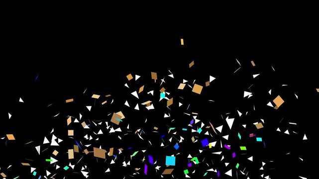 Multicolor confetti explosion celebration on black screen for birthday party animation with glitter particles and festive streamers creating vibrant design perfect for holiday greetings, event videos