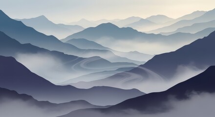 Obraz premium Misty Mountain Range Landscape, Serene Blue Hues, Foggy Peaks, Serene Nature Scenery