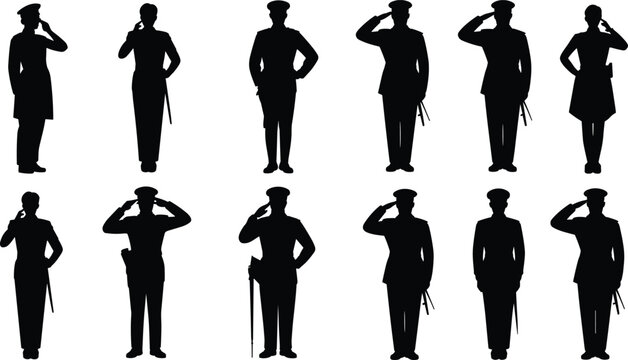 Silhouette of soldiers saluting, military personnel in uniform, diverse salute styles, army discipline, respect gesture, patriotic concept, defense force illustration