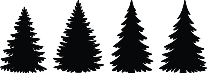 Obraz premium Evergreen tree silhouettes, conifer design, forest icon, winter foliage, holiday symbol, nature art, botanical figure, rustic style, outdoor element, landscape