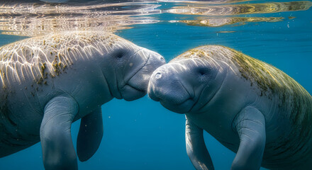 Naklejka premium Manatee Calf Nuzzling Mother Clear Water Sunbeams