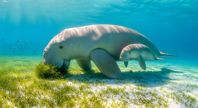 Dugong Mother and Calf Grazing Seagrass Shallow Water

