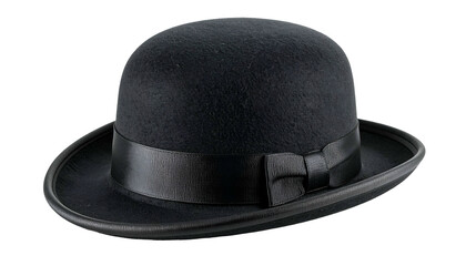 A classic black felt hat with a smooth dome, ribbon, and circular brim
