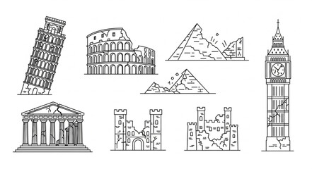 Fototapeta premium Collection of World Landmarks in Sketch Style.