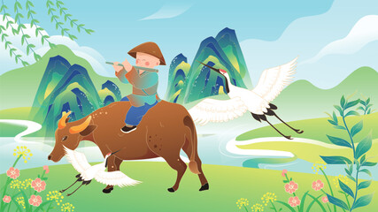 A young cowherd riding a buffalo and playing the flute during Qingming Festival © lin