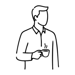 Dibujo sencillo con líneas de un hombre con camisa de manga larga de pie sujetando una taza de café humeante con la mano © teracreonte