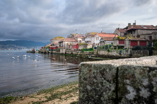 Combarro, a traditional fishing village in Galicia, featuring historic horreos and houses along the waterfront under a cloudy sky with seagulls flying over the calm ria
